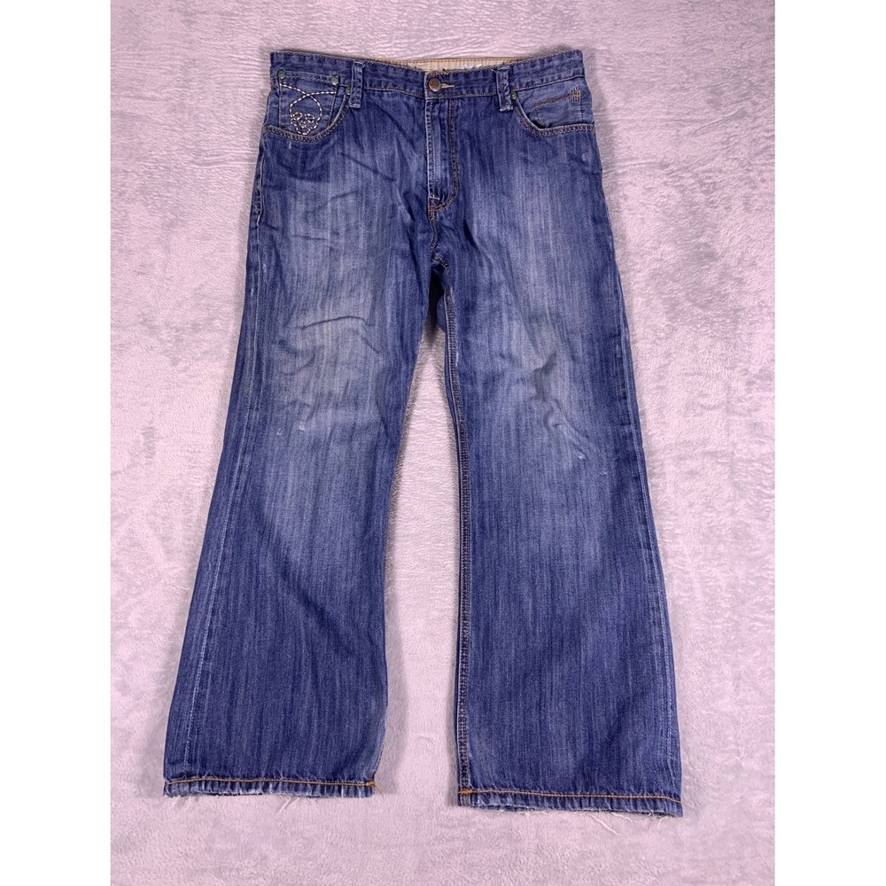Marc Ecko Skull Jeans Cut & Sew Mens Size 36 Blue Embroidered